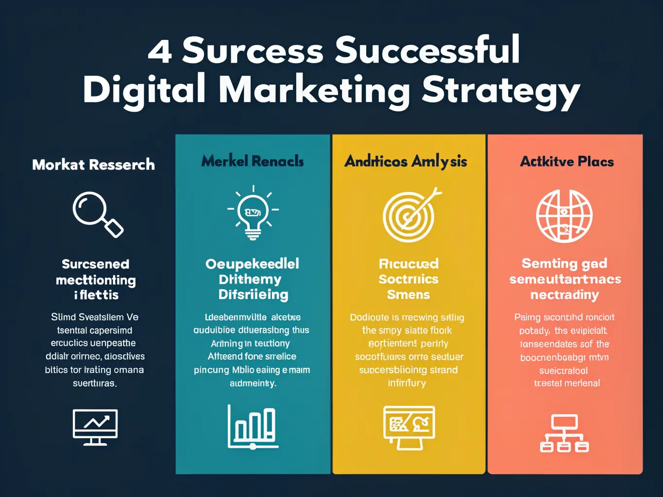 An infographic illustrating the components of a successful digital marketing strategy, including market analysis, target audience identification, and competitive landscape assessment, used on the SwapX website to showcase their Digital Marketing Strategy service.