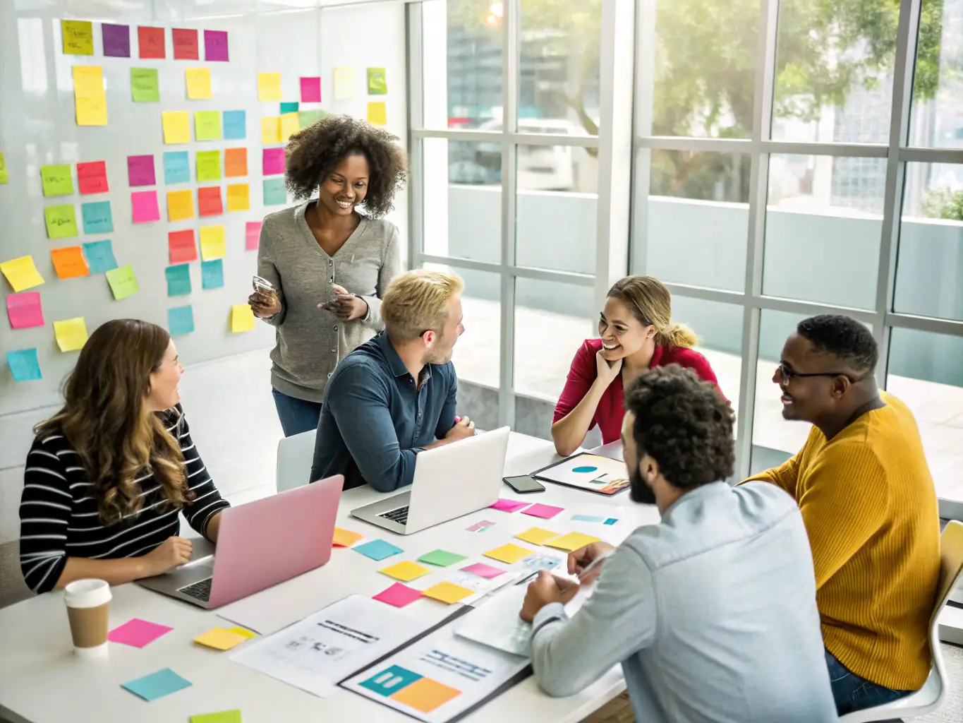 A visually appealing image showcasing a team brainstorming digital marketing strategies in a modern office setting, emphasizing collaboration and innovation.